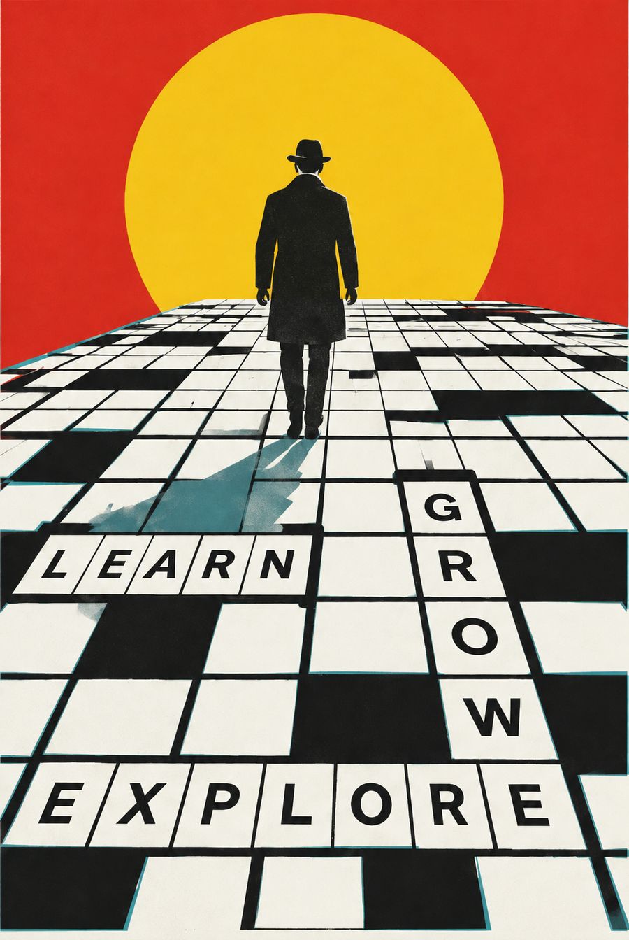 A figure walks across a crossword toward a yellow sun. The words LEARN, GROW and EXPLORE are written in the grid.